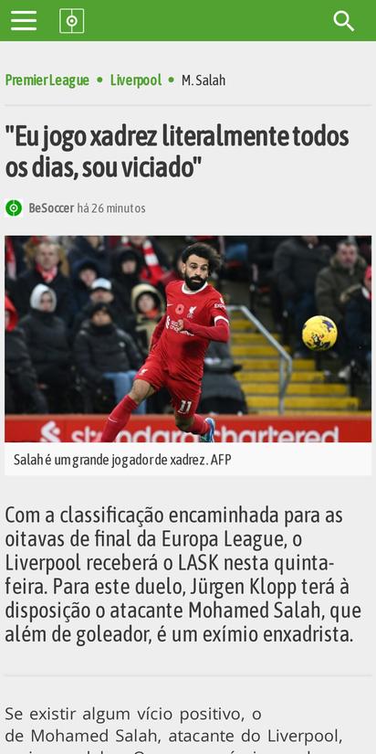 Não é só de futebol que Salah gosta: Sou viciado em xadrez, jogo todos os  dias