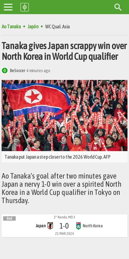 Tanaka gives Japan scrappy win over North Korea in World Cup qualifier